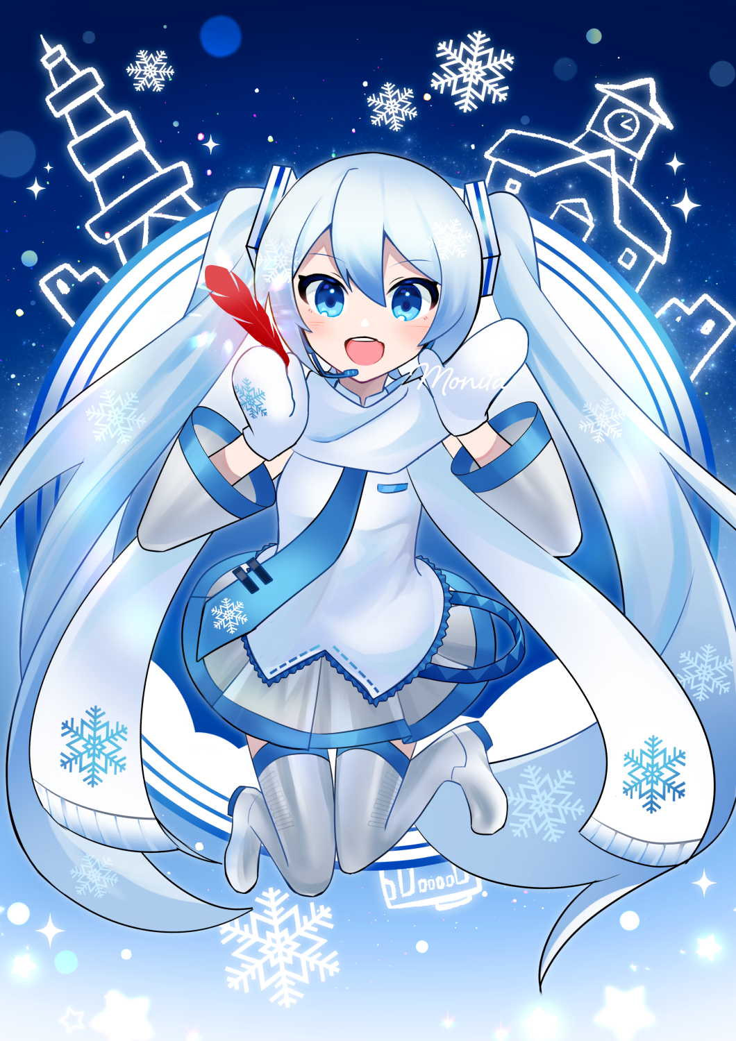 1girl, blue_eyes, blue_hair, boots, collared_shirt, commentary_request, detached_sleeves, feathers, full_body, gradient_hair, hair_ornament, hatsune_miku, headset, highres, holding, holding_feather, jumping, long_hair, long_sleeves, looking_at_viewer, mittens, monitaros_393, multicolored_hair, necktie, open_mouth, pleated_skirt, scarf, shirt, skirt, sleeveless, sleeveless_shirt, smile, snowflake_print, snowflakes, solo, thigh_boots, tie_clip, very_long_hair, vocaloid, yuki_miku, yuki_miku_(2011)