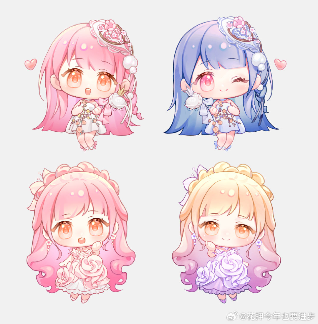 4girls, absurdly_long_hair, bare_arms, bare_legs, bare_shoulders, beads, black_ribbon, blonde_hair, blue_bow, blue_choker, blue_dress, blue_hair, bow, braid, cherry_blossoms, chibi, chinese_commentary, choker, closed_mouth, commentary_request, crown_braid, dress, dress_flower, earrings, eyelashes, flower, flower_choker, flower_earrings, footwear_bow, frilled_dress, frills, gradient_hair, grey_background, hair_flower, hair_ornament, hair_ribbon, half-closed_eyes, hand_on_own_cheek, hand_on_own_chest, hand_on_own_face, happy, heart, heart_scepter, holding, holding_scepter, jewelry, layered_dress, leaf, light_blush, lily_(flower), long_hair, looking_at_viewer, medium_dress, mianguan_xun, multicolored_hair, multiple_girls, nikki_(series), one_eye_closed, open_mouth, orange_eyes, pink_bow, pink_choker, pink_dress, pink_eyes, pink_flower, pink_footwear, pink_hair, pink_rose, pleated_dress, pom_pom_(clothes), pom_pom_hair_ornament, purple_choker, purple_dress, purple_flower, purple_footwear, purple_hair, purple_rose, ribbon, rose, scepter, shining_nikki, shoes, short_dress, side_braid, simple_background, single_braid, smile, straight_hair, strapless, strapless_dress, tareme, teeth, tress_ribbon, upper_teeth_only, very_long_hair, wavy_hair, weibo_watermark, white_dress, white_flower, white_footwear, white_ribbon, yellow_flower