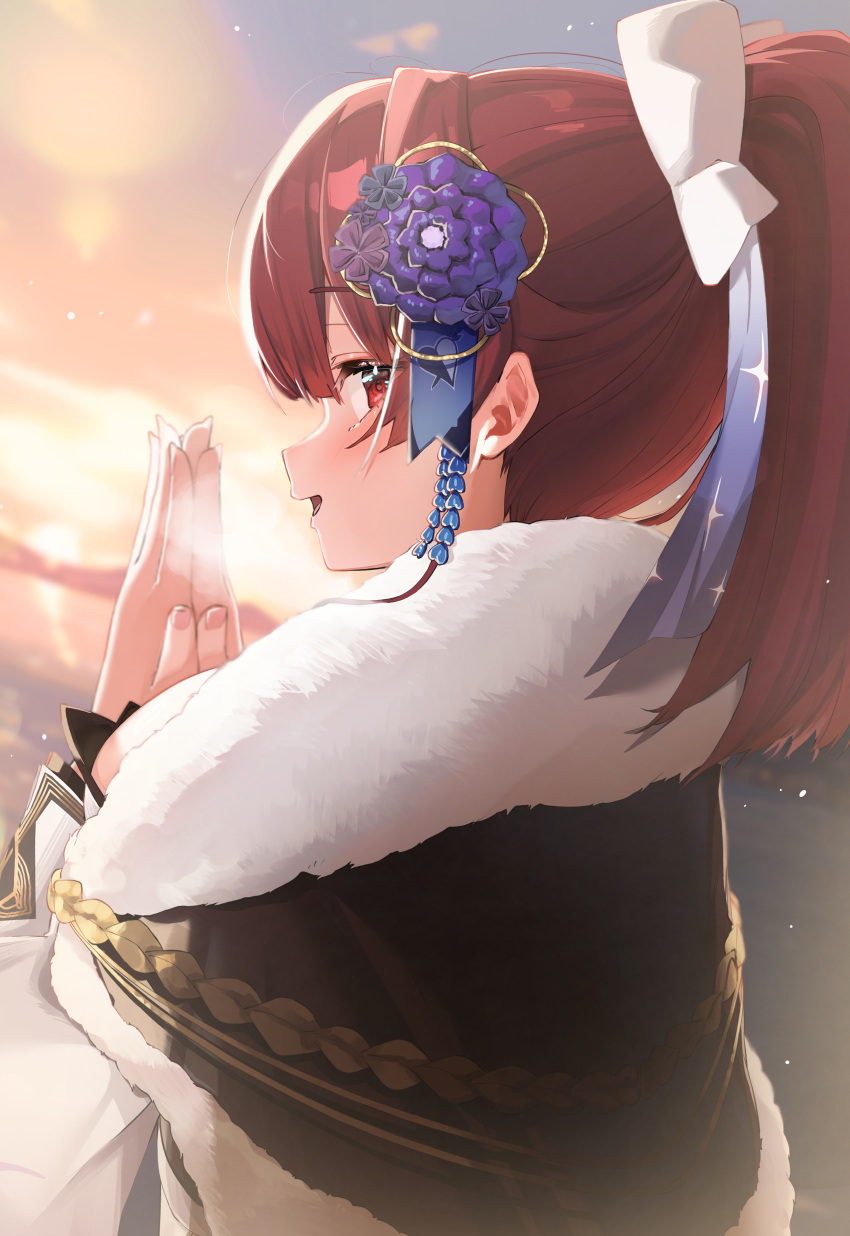 1girl, absurdres, blurry, blurry_background, bow, breasts, breath, capelet