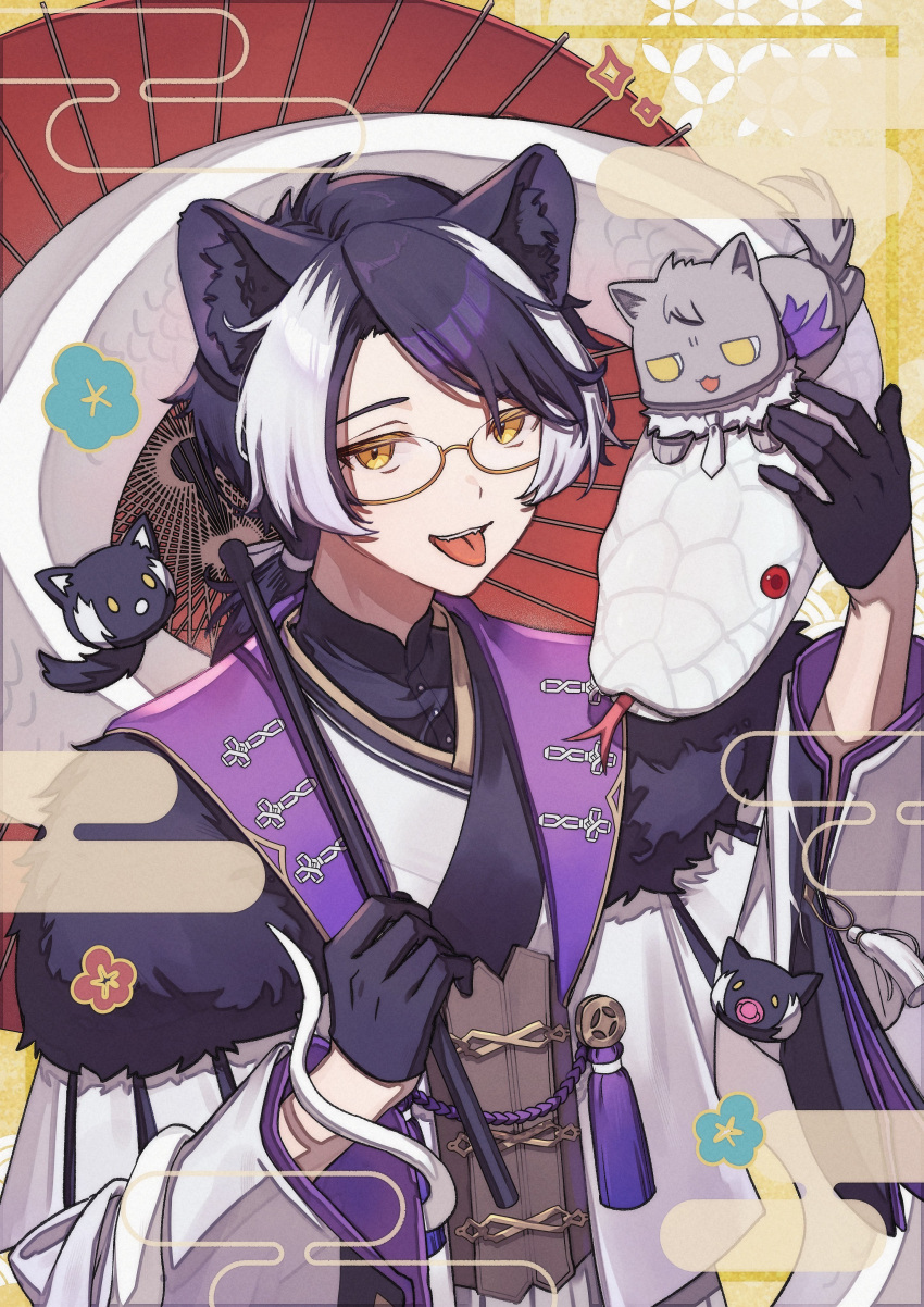1boy, absurdres, animal_ears, black_gloves, black_hair, black_shirt, brown_corset, chinese_zodiac, corset, gloves, hands_up, highres, holding, holding_umbrella, holostars, jackal_ears, japanese_clothes, kageyama_shien, kageyama_shien_(2nd_costume), kimono, koyama_(kageyama_shien), male_focus, multicolored_hair, nakayama_(kageyama_shien), nekoyama_shien, noookaaa, oil-paper_umbrella, shirt, short_hair, snake, solo, tassel, tongue, tongue_out, two-tone_hair, umbrella, virtual_youtuber, white_hair, white_kimono, year_of_the_snake, yellow-framed_eyewear, yellow_eyes