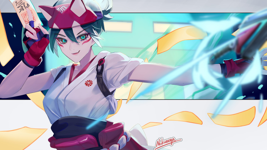 1girl, absurdres, closed_mouth, fingerless_gloves, gloves, green_eyes, green_hair, highres