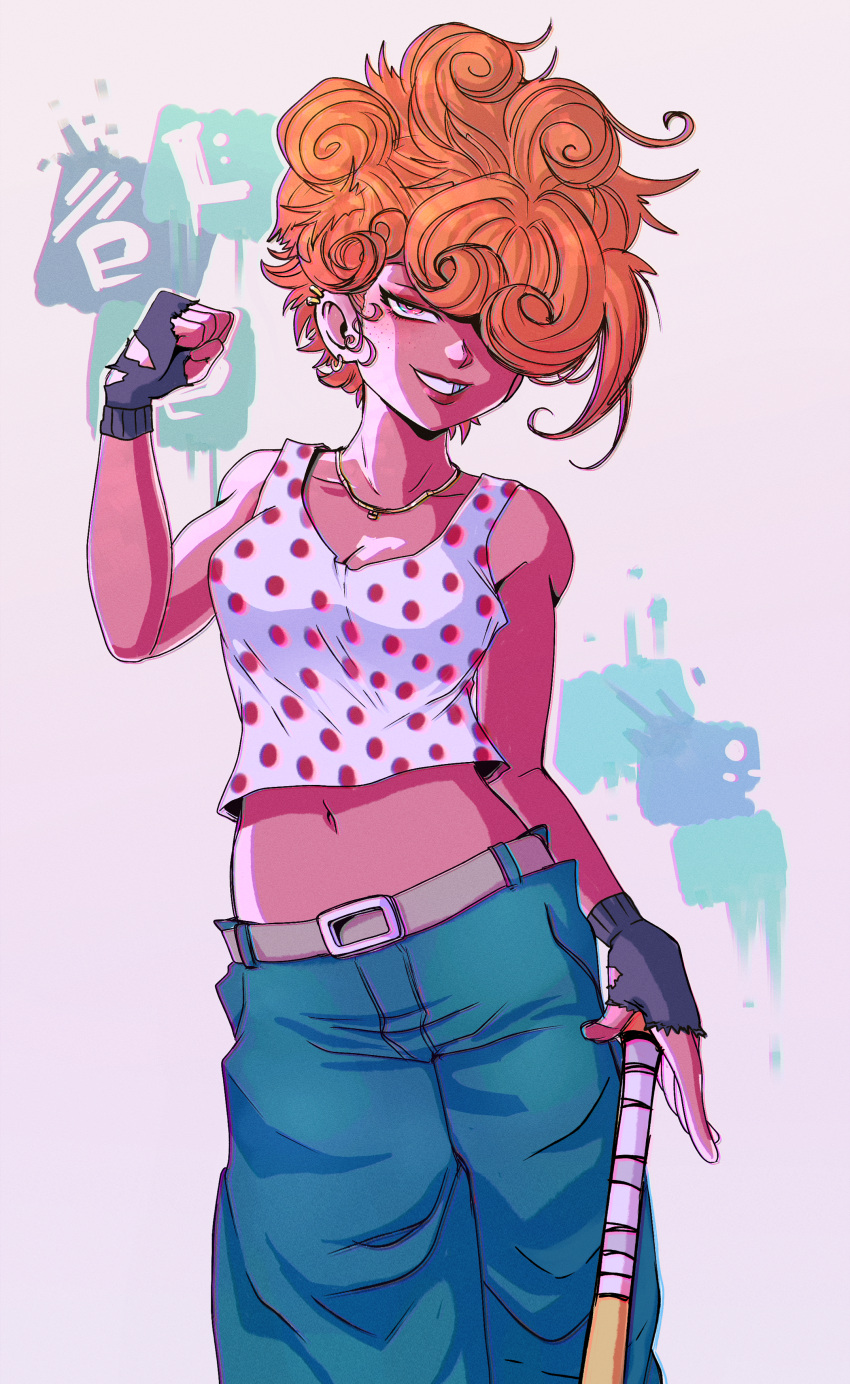 1girl, baseball_bat, ed_edd_n_eddy, fingerless_gloves, hassysoda, jeans, lee_kanker, one_eye_covered