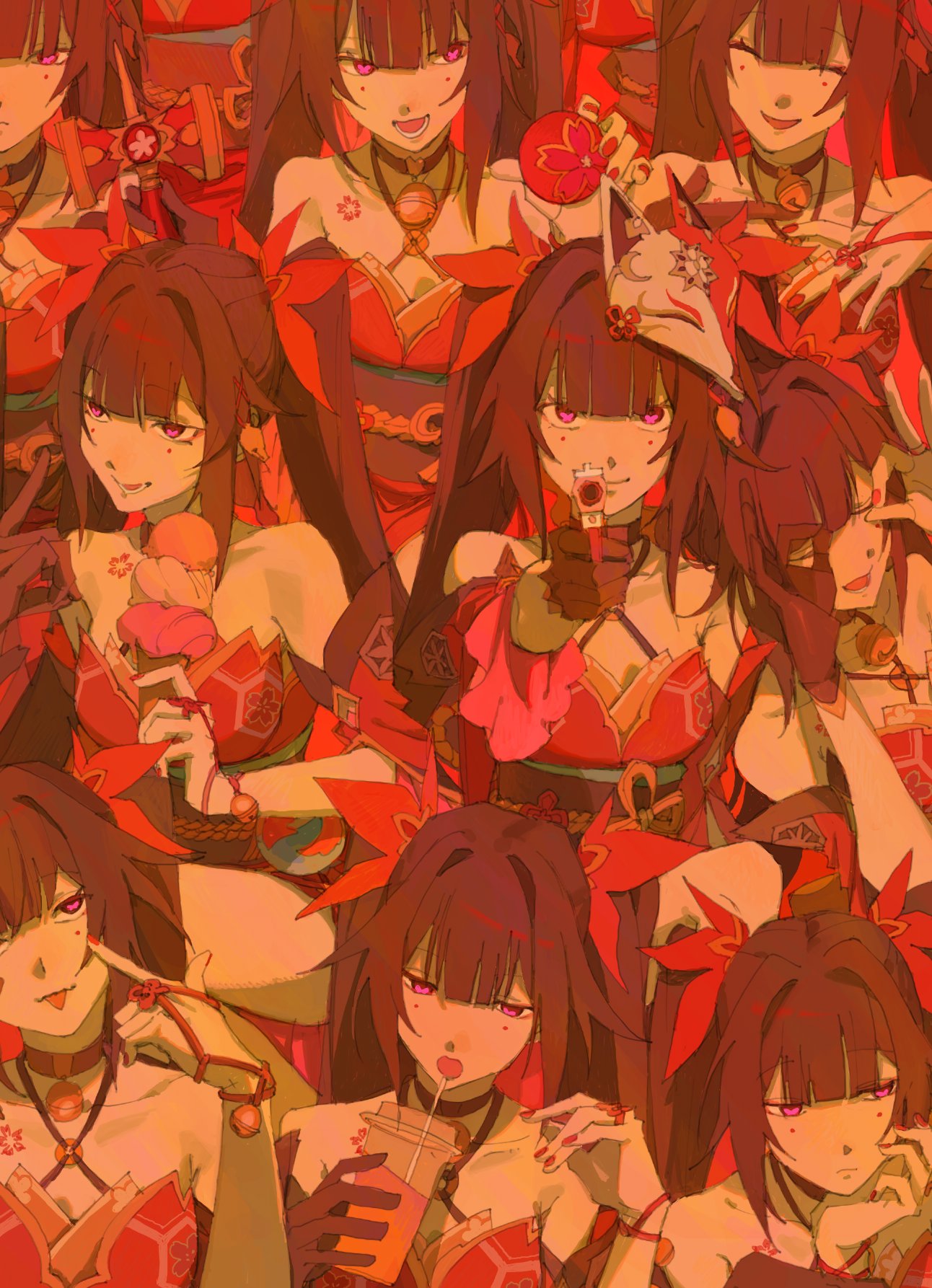 1kml, 6+girls, :p, aiming, aiming_at_viewer, bare_shoulders, bell, black_choker