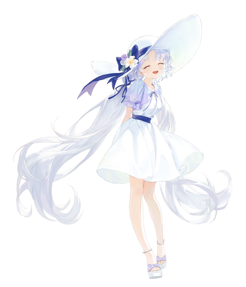 1girl, absurdres, ayatsuno_yuni, bare_legs, barefoot, bow, bowtie, closed_eyes, dress, flower, full_body, hair_ornament, hair_ribbon, hat, hat_bow, hat_flower, highres, long_hair, meoreng_illust, open_mouth, purple_bow, purple_bowtie, ribbon, shoes, short_sleeves, smile, solo, standing, stellive, sun_hat, sundress, twintails, very_long_hair, white_background, white_dress, white_flower, white_hair, white_hat
