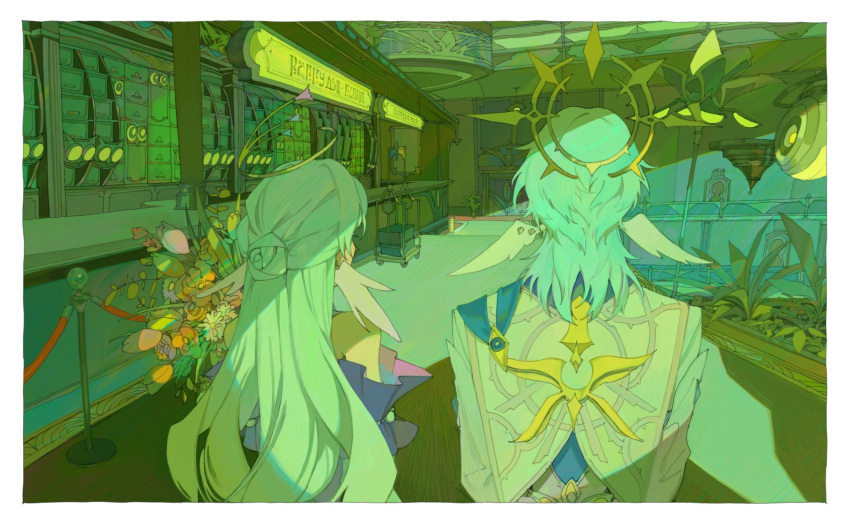 1boy, 1girl, 1kml, alternate_hair_color, aqua_hair, bare_shoulders, border, bouquet, brother_and_sister, cart, counter, detached_sleeves, facing_away, feathered_wings, from_behind, grey_jacket, half_updo, halo, halo_behind_head, head_wings, highres, holding, holding_bouquet, honkai:_star_rail, honkai_(series), jacket, long_hair, medium_hair, piercing, plant, potted_plant, purple_sleeves, robin_(honkai:_star_rail), short_sleeves, siblings, side-by-side, spiked_halo, stanchion, sunday_(honkai:_star_rail), thorn_print, upper_body, white_border, white_wings, wing_piercing, wings