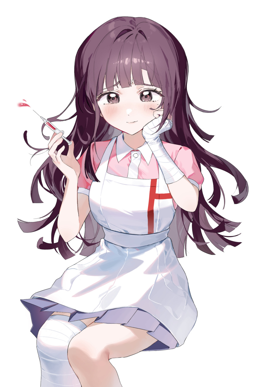 1girl, apron, bandaged_hand, bandaged_leg, bandages, blush, bush, chama_(chacoc0)