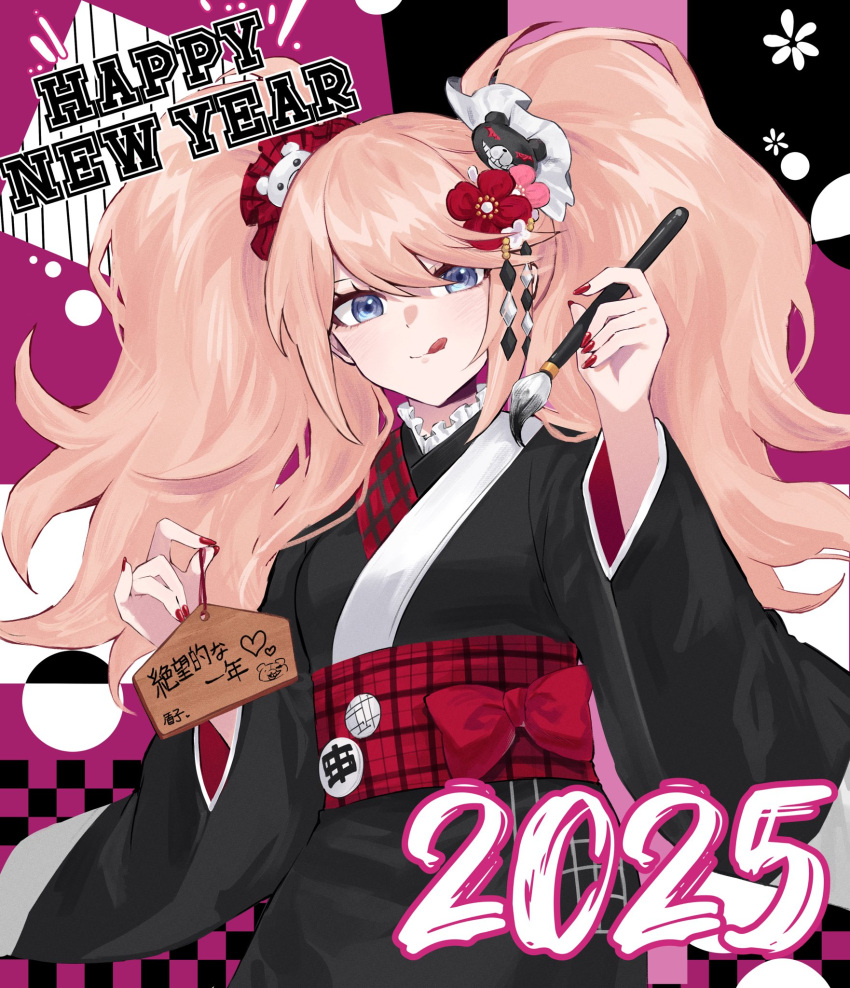 1girl, 2025, :q, bear_hair_ornament, black_kimono, blonde_hair, blue_eyes, bow