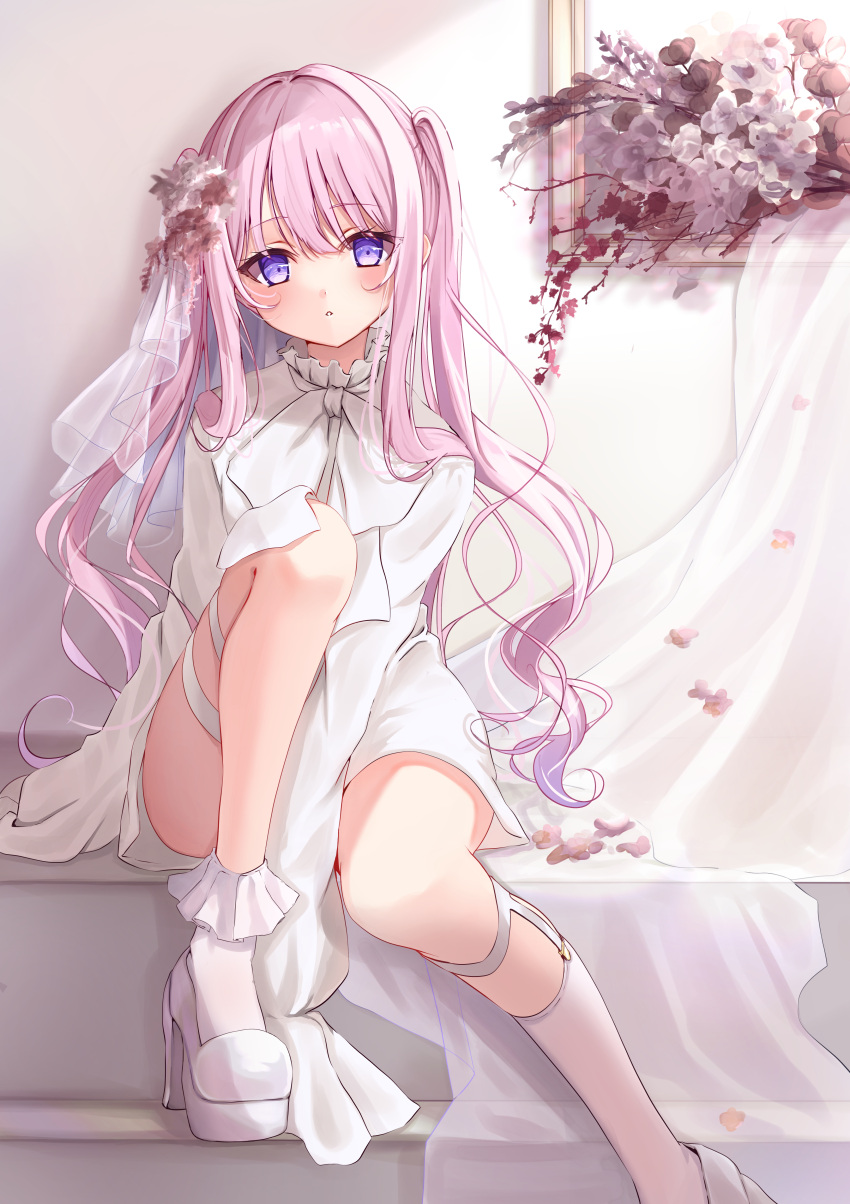 1girl, absurdres, commentary, expressionless, flower, foot_out_of_frame, hair_flower, hair_ornament
