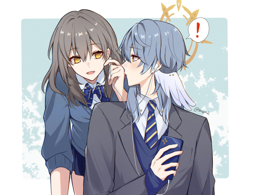 !, 1boy, 1girl, absurdres, alternate_costume, blue_bow, blue_bowtie, blue_necktie, blue_skirt, blue_sweater, border, bow, bowtie, cellphone, closed_mouth, diagonal-striped_bow, diagonal-striped_bowtie, diagonal-striped_clothes, diagonal-striped_necktie, earphones, eye_contact, feathered_wings, front-to-back, grey_hair, grey_jacket, hair_between_eyes, halo, halo_behind_head, hand_up, harusya, head_wings, hetero, highres, holding, holding_earphones, holding_phone, honkai:_star_rail, honkai_(series), jacket, leaning_forward, light_blush, long_sleeves, looking_at_another, medium_hair, necktie, open_mouth, outside_border, phone, piercing, school_uniform, shared_earphones, shirt, skirt, sleeves_past_elbows, smartphone, smile, speech_bubble, spiked_halo, spoken_exclamation_mark, stelle_(honkai:_star_rail), striped_clothes, sunday_(brilliant_youth)_(honkai:_star_rail), sunday_(honkai:_star_rail), sweater, trailblazer_(honkai:_star_rail), twitter_username, white_border, white_shirt, white_wings, wing_piercing, wings, yellow_eyes