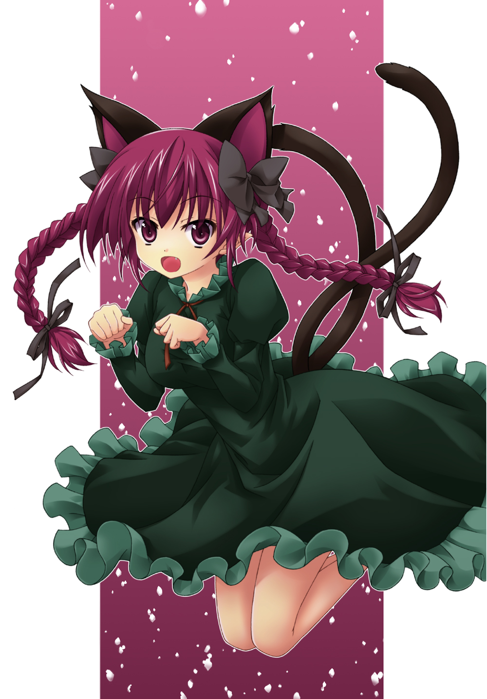 animal_ears, braid, cat_ears, cat_pose, cat_tail, dress, extra_ears, fang