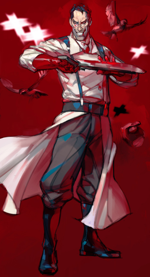 1boy, bird, black_hair, blood, blood_on_clothes, blood_on_face, blood_on_weapon, bonesaw