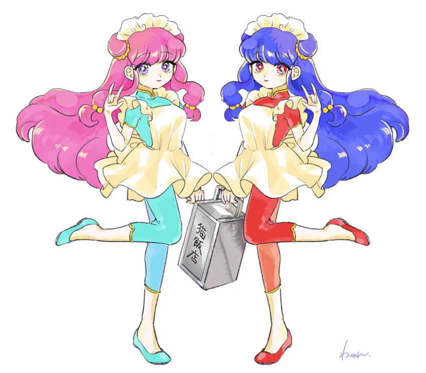 2girls, amaharu_wasure, apron, blue_pants, blue_shirt, chinese_clothes, double_bun, hair_bun
