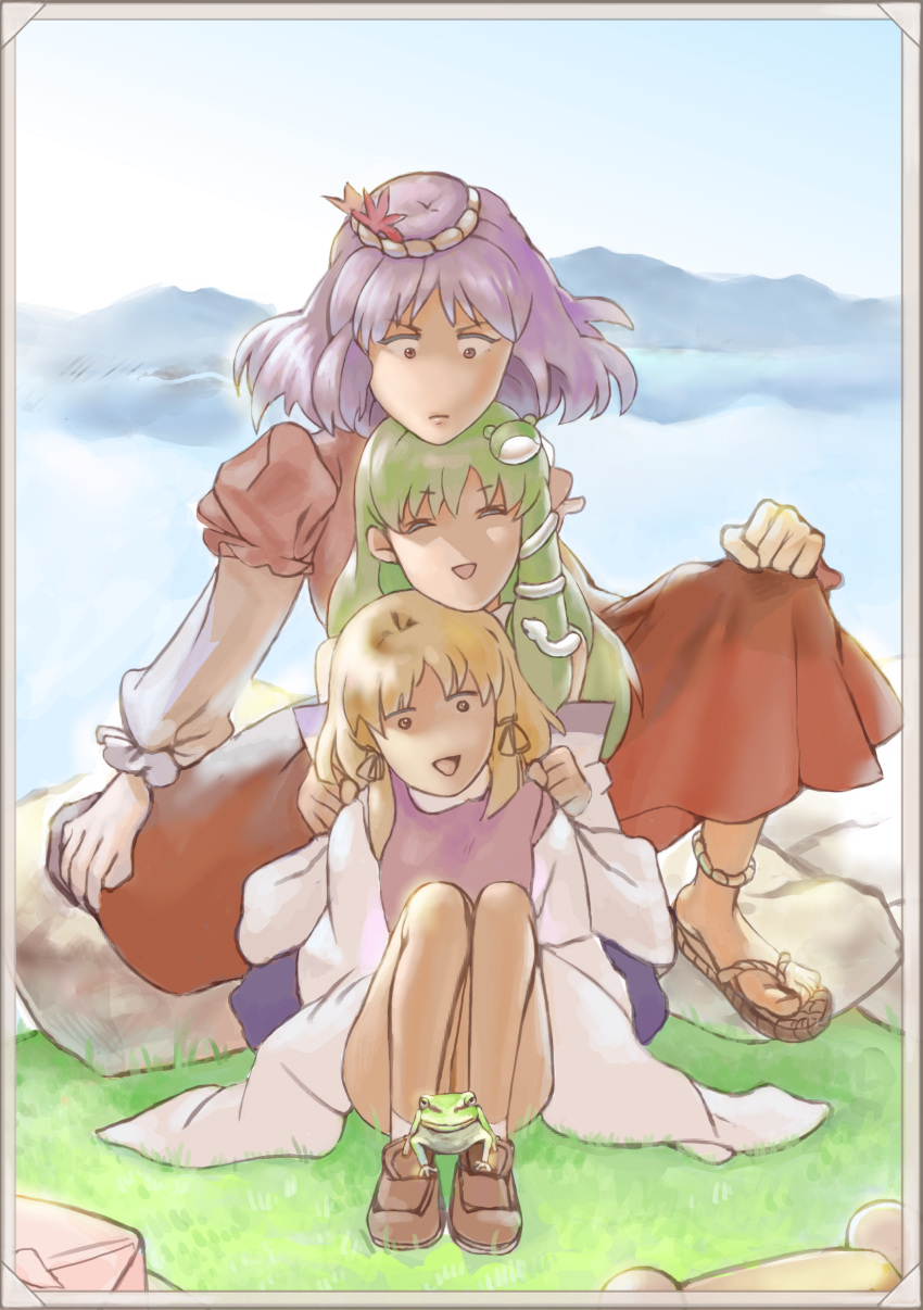 absurdres, bad_id, face, frog, happy, highres, kochiya_sanae, moriya_suwako