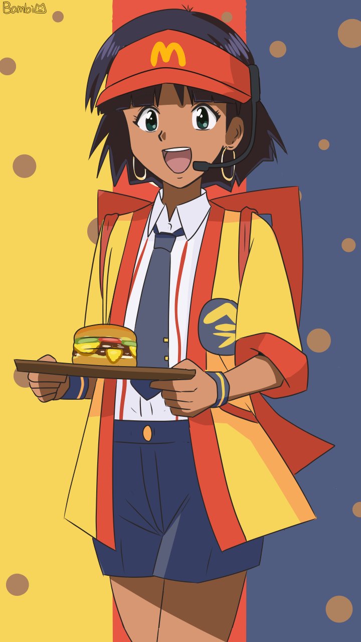 1girl, :d, artist_name, back_bow, badge, bambi2000line, black_background, black_hair, black_necktie, black_shorts, bob_cut, bow, burger, button_badge, cheese, collared_shirt, commentary, cosplay, cowboy_shot, dark-skinned_female, dark_skin, earrings, employee_uniform, fast_food_uniform, food, fushigi_no_umi_no_nadia, green_eyes, hat, headset, highres, holding, holding_tray, hoop_earrings, imadake_dabuchi_tabemi, imadake_dabuchi_tabemi_(cosplay), japanese_clothes, jewelry, looking_at_viewer, mcdonald's, microphone, nadia_la_arwall, necktie, open_clothes, open_happi, open_mouth, pickle, pinstripe_pattern, pinstripe_shirt, polka_dot, polka_dot_background, red_background, red_trim, red_visor, serving, shirt, short_hair, shorts, smile, solo, standing, striped_clothes, striped_shirt, three-toned_background, tie_clip, tomato, tomato_slice, tray, vertical-striped_clothes, vertical-striped_shirt, visor_cap, white_shirt, wristband, yellow_background, yellow_happi