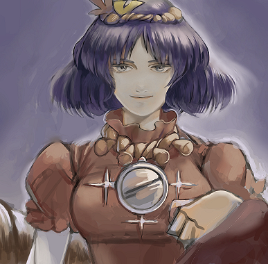 bad_id, face, lowres, purple_hair, rumi, short_hair, smile, solo