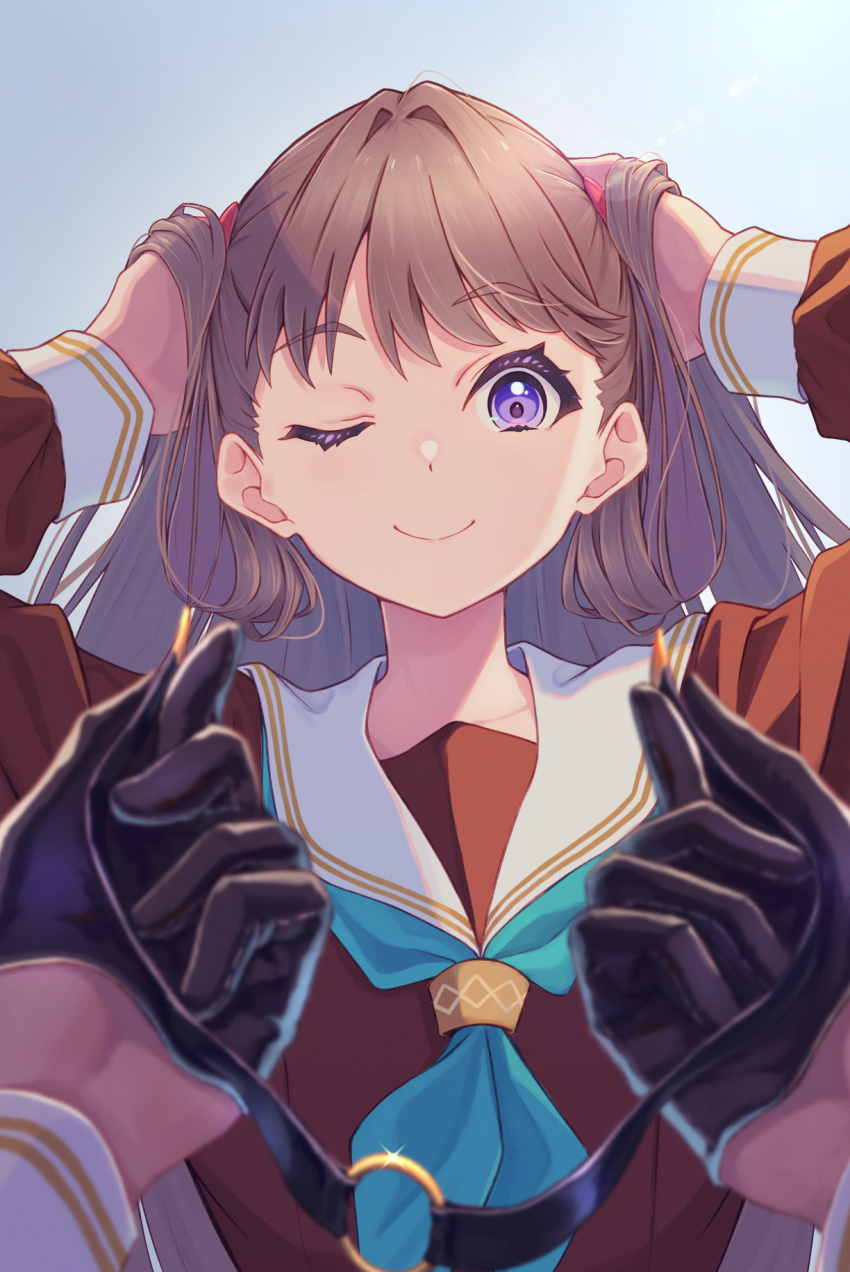 2girls, ;), aqua_neckerchief, arm_up, black_choker, black_gloves, brown_dress, brown_hair
