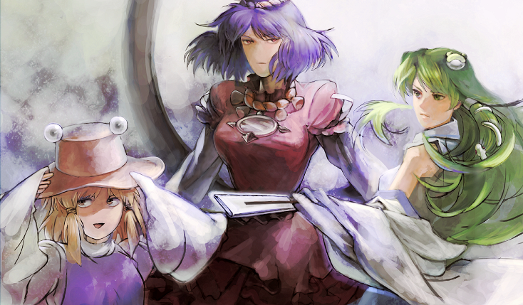 bad_id, bare_shoulders, blonde_hair, face, gohei, green_hair, hand_on_hat, hat
