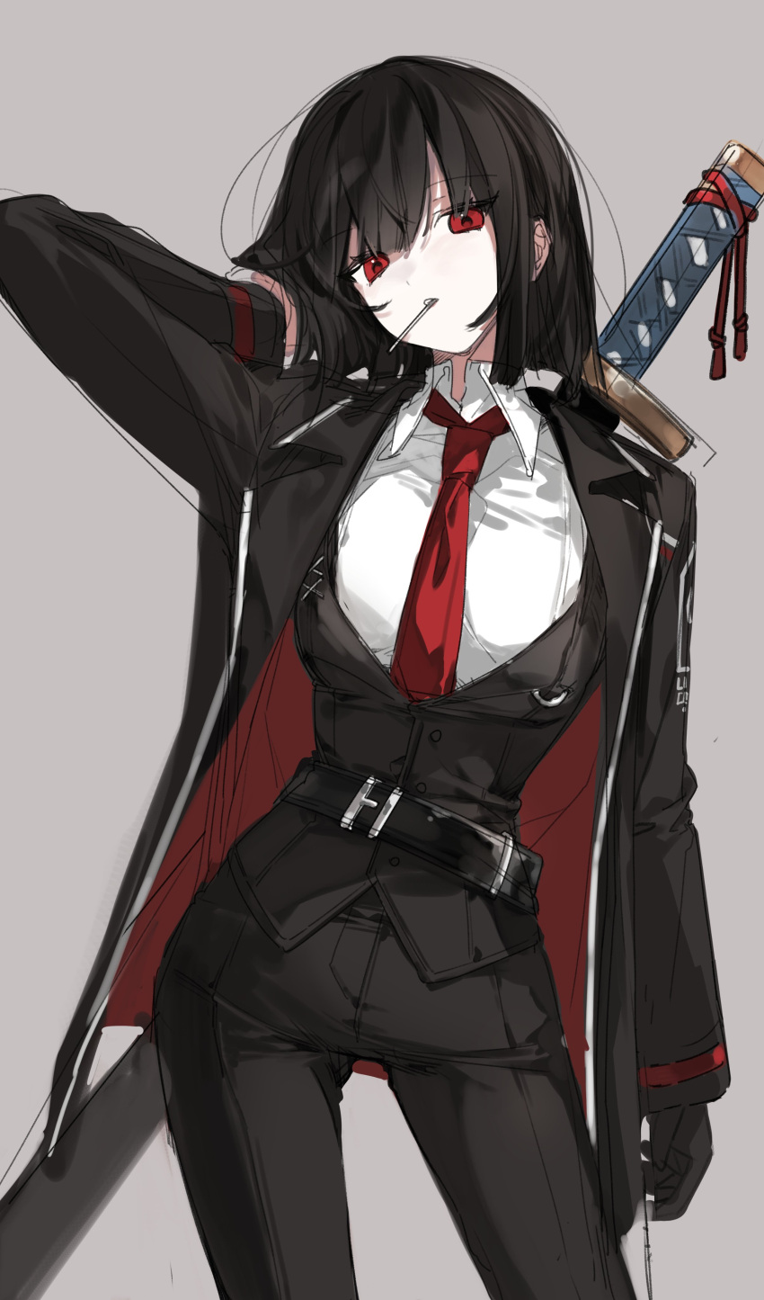 1girl, absurdres, arm_up, belt, black_belt, black_coat, black_gloves, black_jacket