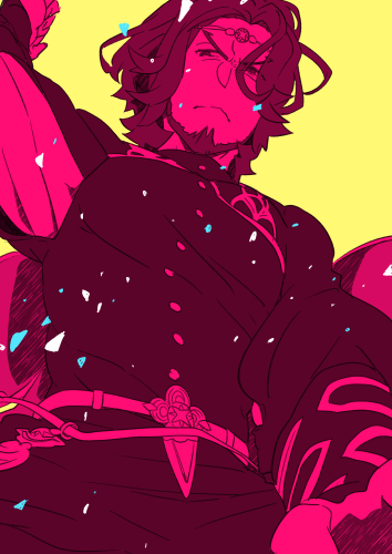 1boy, arm_up, beard, closed_mouth, facial_hair, fire_emblem, fire_emblem:_three_houses, from_below, furrowed_brow, lowres, male_focus, multiple_monochrome, seteth_(fire_emblem), shirt, short_hair, simple_background, solo, t_t_n, upper_body, yellow_background
