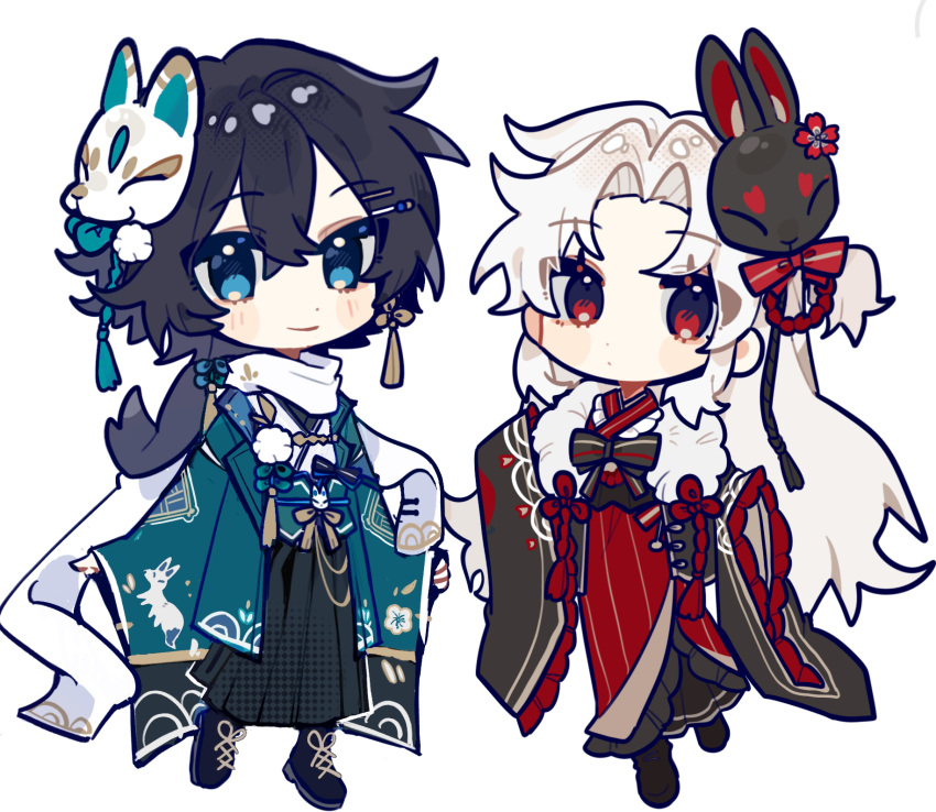 1girl, 1other, aqua_jacket, artist_request, black_bow, black_footwear, black_hair, black_hakama
