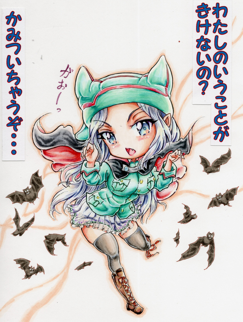 absurdres, bat_(animal), black_thighhighs, blue_eyes, blue_hat, blue_jacket, boots, brown_footwear, chibi, claw_pose, count_military_uniform, cross-laced_footwear, fang, frown, girls_und_panzer, girls_und_panzer_momi_no_ki_to_tetsu_no_hane_no_majo, grey_hair, hat, highres, jacket, lace-up_boots, long_hair, marina_constantinescu, miniskirt, ntscd4cq2dgekz9, skirt, thigh-highs, white_skirt