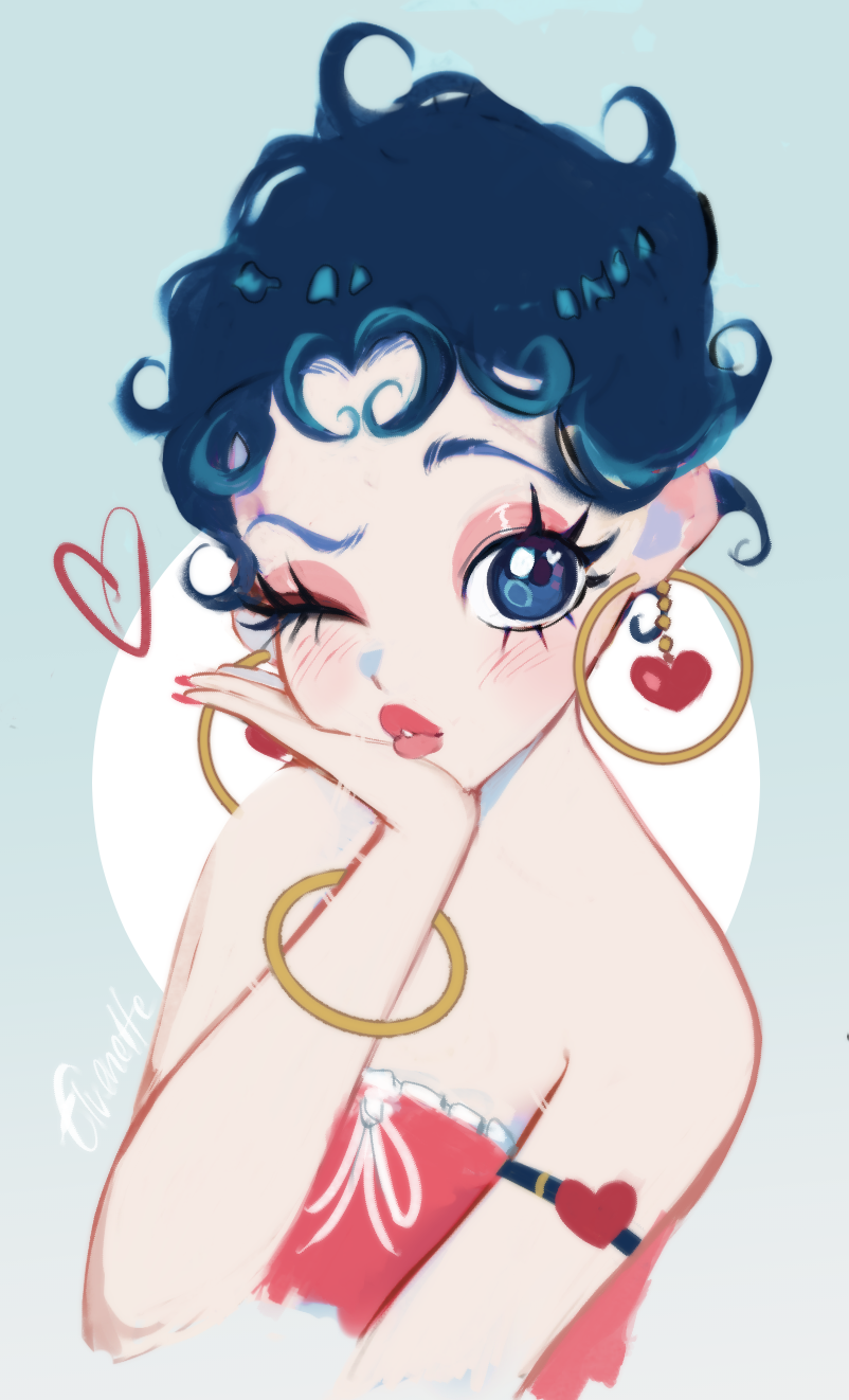 1girl, armlet, bare_shoulders, betty_boop, betty_boop_(series), black_eyes, black_hair, bracelet, curly_hair, dress, earrings, elvenette, heart, heart_earrings, highres, hoop_earrings, jewelry, lipstick, long_eyelashes, looking_at_viewer, makeup, red_dress, red_lips, red_nails, short_hair, solo, upper_body