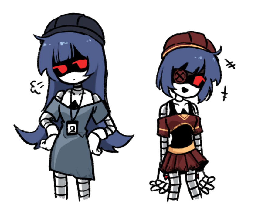 2girls, aida_(aidacamelia0516), alternate_hair_length, alternate_hairstyle, black_hat, blue_dress, blue_hair, closed_mouth