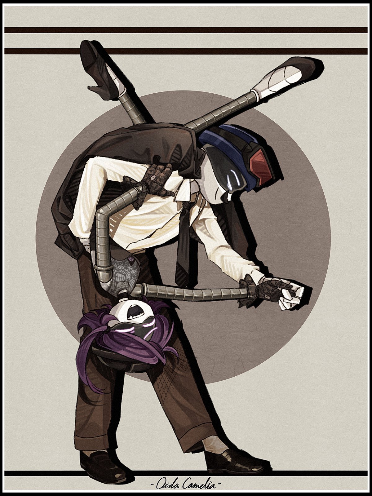 1boy, 1girl, aida_(aidacamelia0516), black_dress, black_footwear, black_gloves, brown_pants, closed_eyes