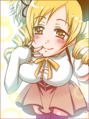 blonde_hair, breasts, corset, detached_sleeves, drill_hair, gloves, lowres, magical_girl