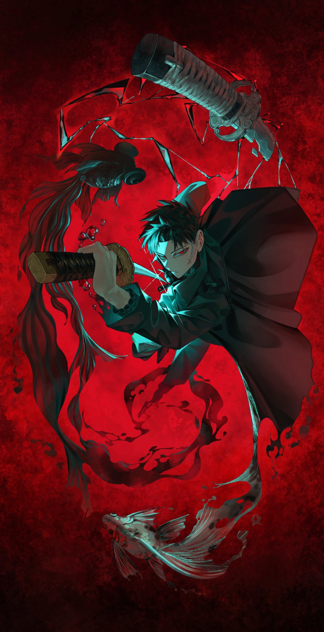 1boy, black_coat, black_hair, broken, broken_sword, broken_weapon, cloud_gouger_(sword), coat