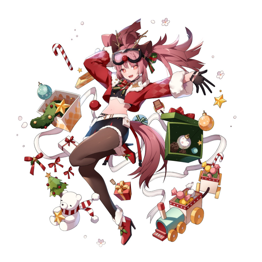 1girl, :d, ahoge, animal_ear_fluff, animal_ears, antlers, arm_behind_head, belt