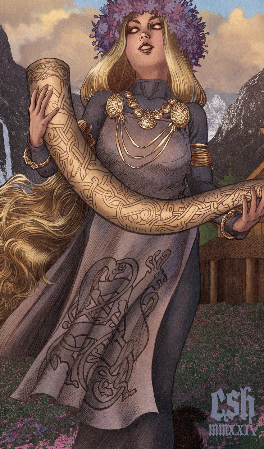1girl, blank_eyes, blonde_hair, christian_sloan_hall, day, dress, flower_wreath, freyja_(norse_mythology)
