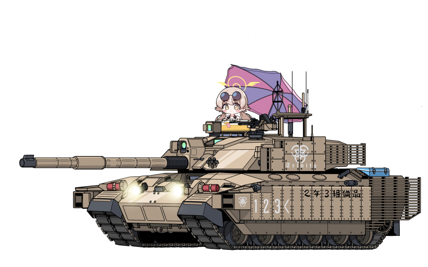 1girl, absurdres, bare_shoulders, blue_archive, blush_stickers, caterpillar_tracks, eyewear_on_head, fv4034_challenger_2