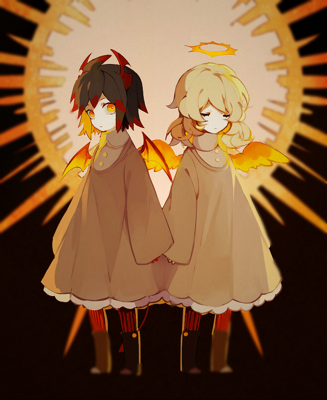 angel, angel_wings, brother_and_sister, child, closed_eyes, demon_boy, demon_horns, demon_wings, funamusea, halo, horns, igls_unth, ivlis_(funamusea), looking_at_viewer, papper-d, siblings, sun, wings