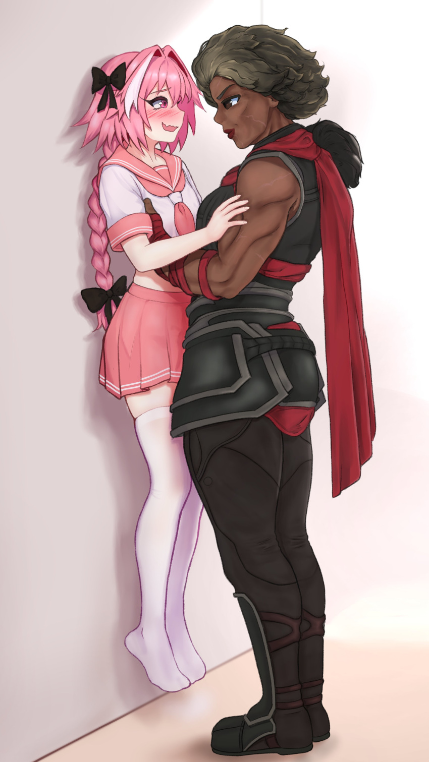 1boy, 1girl, :d, absurdres, against_wall, ambessa_medarda, astolfo_(fate), black_bow, black_footwear, blush, bow, braid, dark-skinned_female, dark_skin, eye_contact, fate_(series), hair_bow, hetero, highres, lauren_phillips_lifting_alice_merchesi_(meme), league_of_legends, lifting_person, looking_at_another, meme, miniskirt, multicolored_hair, muscular, muscular_female, neckerchief, no_shoes, otoko_no_ko, pink_eyes, pink_neckerchief, pink_sailor_collar, pink_shirt, pink_skirt, pleated_skirt, sailor_collar, school_uniform, shirt, short_hair, sizigia, skirt, smile, tall_female, thigh-highs, two-tone_hair, two-tone_shirt, wavy_mouth, white_shirt, white_thighhighs, zettai_ryouiki
