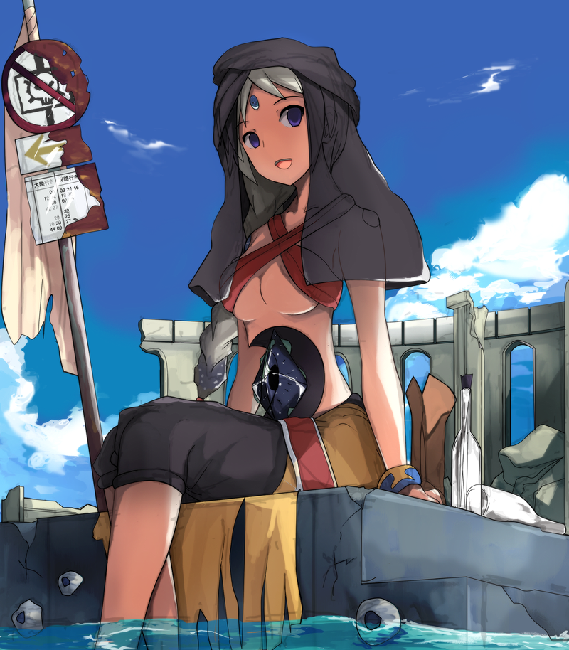 arao, blue_eyes, bottle, bracelet, breasts, capri_pants, celestial_stones, forehead_jewel