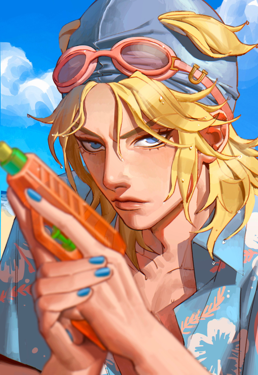 1boy, absurdres, arms_up, blonde_hair, blue_eyes, blue_hat, blue_nails, closed_mouth