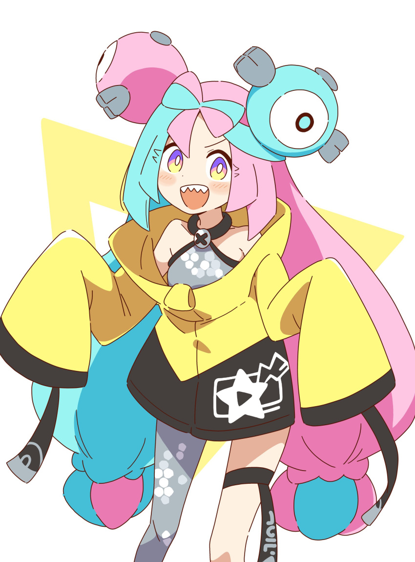 1girl, :d, absurdres, bare_shoulders, blue_hair, blush, bow-shaped_hair, character_hair_ornament
