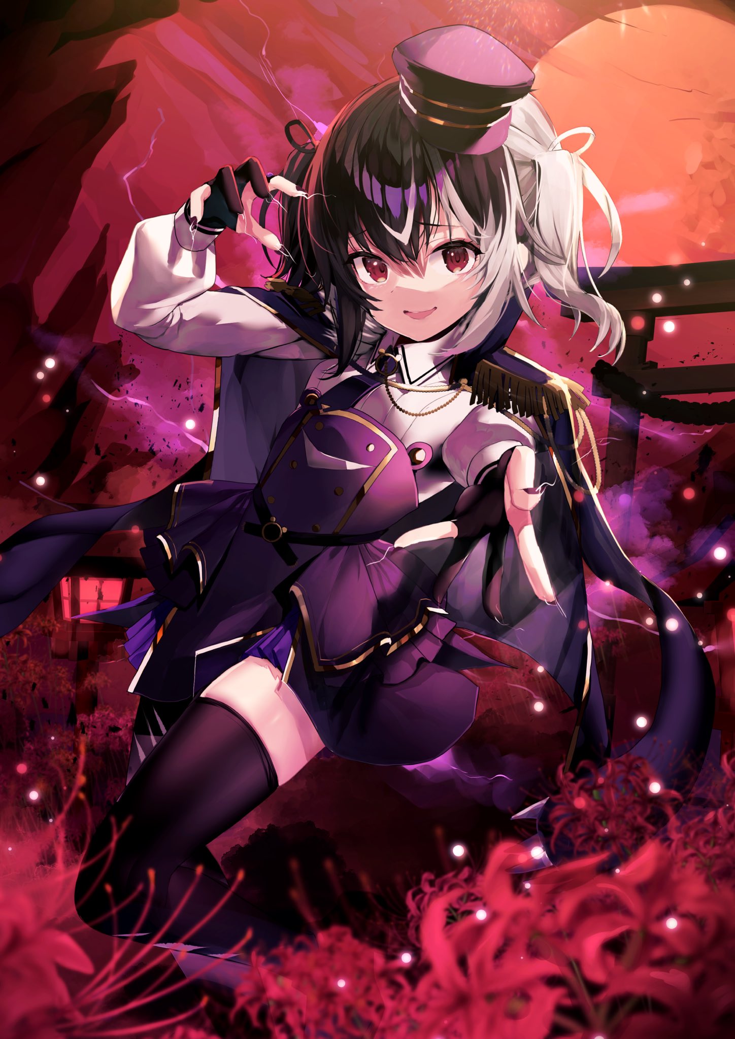 1girl, black_gloves, black_hair, black_thighhighs, commentary_request, commission, epaulettes, flower