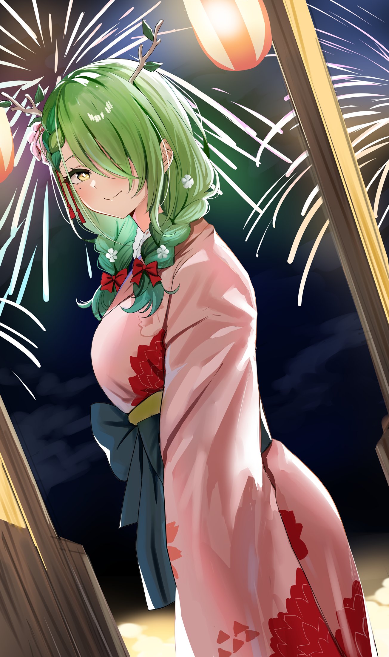 1girl, antlers, braid, ceres_fauna, ceres_fauna_(new_year), fireworks, flower, green_hair