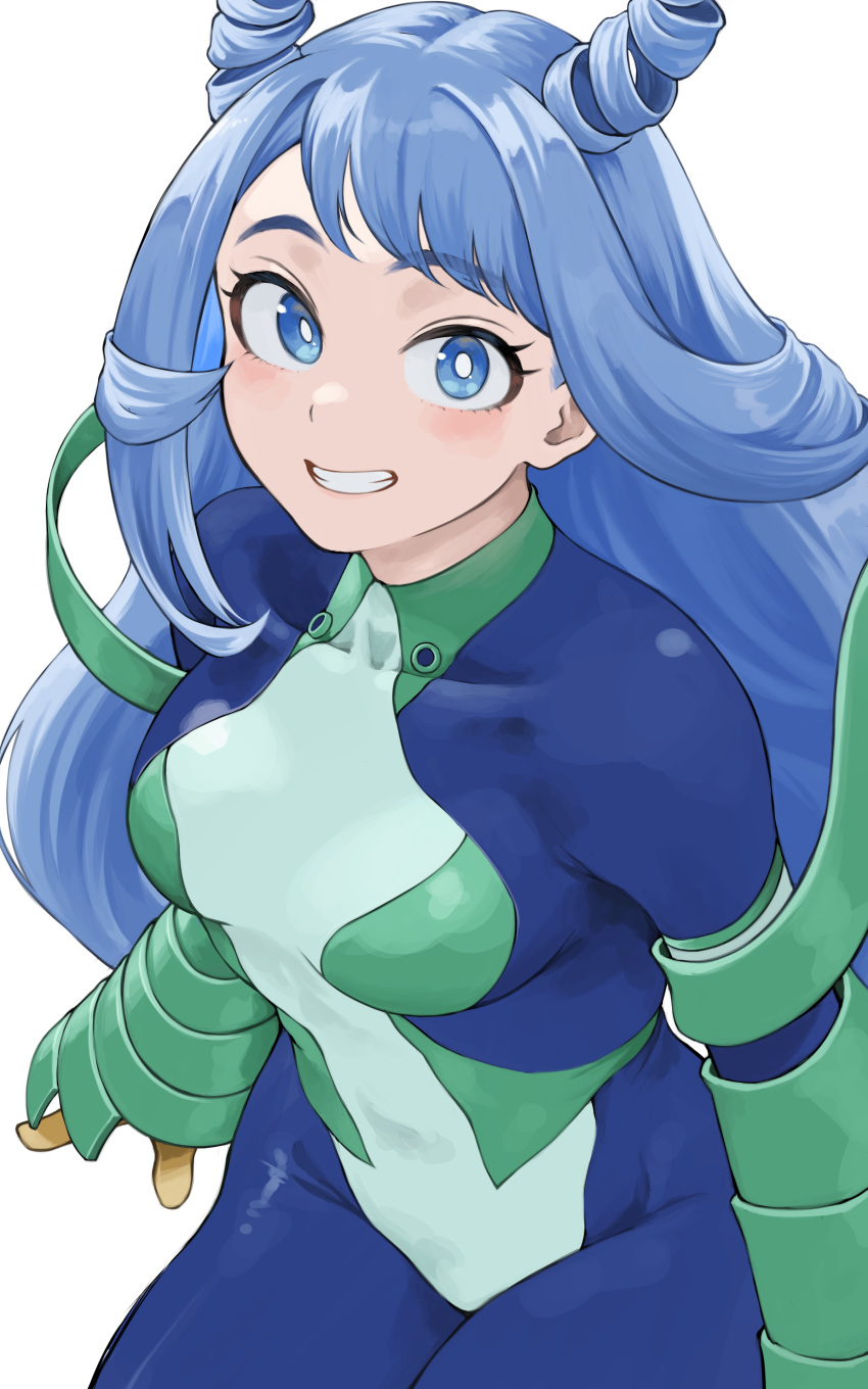 1girl, absurdres, blue_bodysuit, blue_eyes, blue_hair, bodysuit, boku_no_hero_academia, drill_hair, fengling_(furin-jp), gloves, green_bodysuit, grin, hado_nejire, hair_horns, highres, long_hair, looking_at_viewer, multicolored_bodysuit, multicolored_clothes, simple_background, smile, solo, superhero_costume, teeth, twin_drills, white_background, yellow_gloves