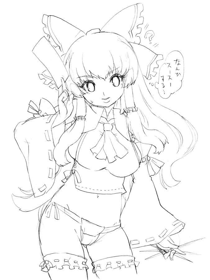 ascot, bow, detached_sleeves, hair_bow, hakurei_reimu, long_hair, miko, monochrome