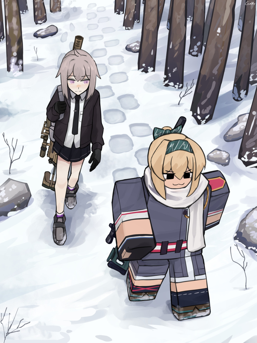 2girls, :3, absurdres, black_eyes, black_gloves, black_jacket, black_necktie, black_skirt