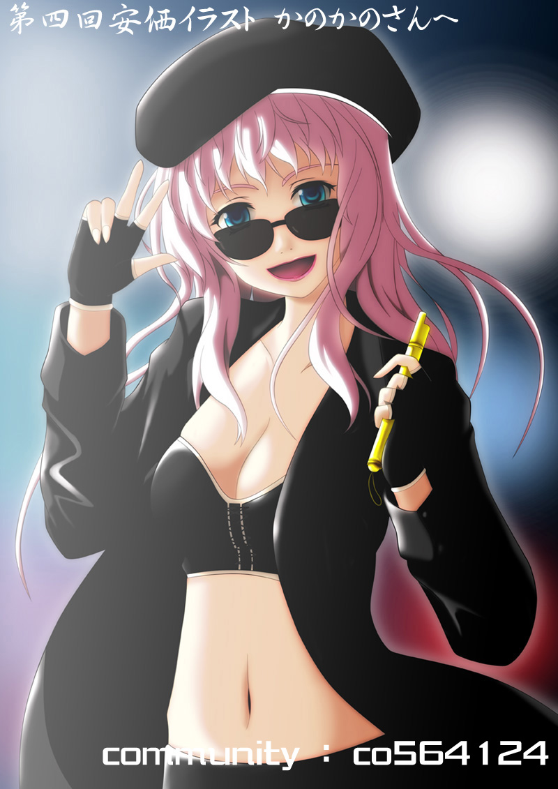 beret, bikini_top, blue_eyes, breasts, cleavage, fingerless_gloves, gloves, hat