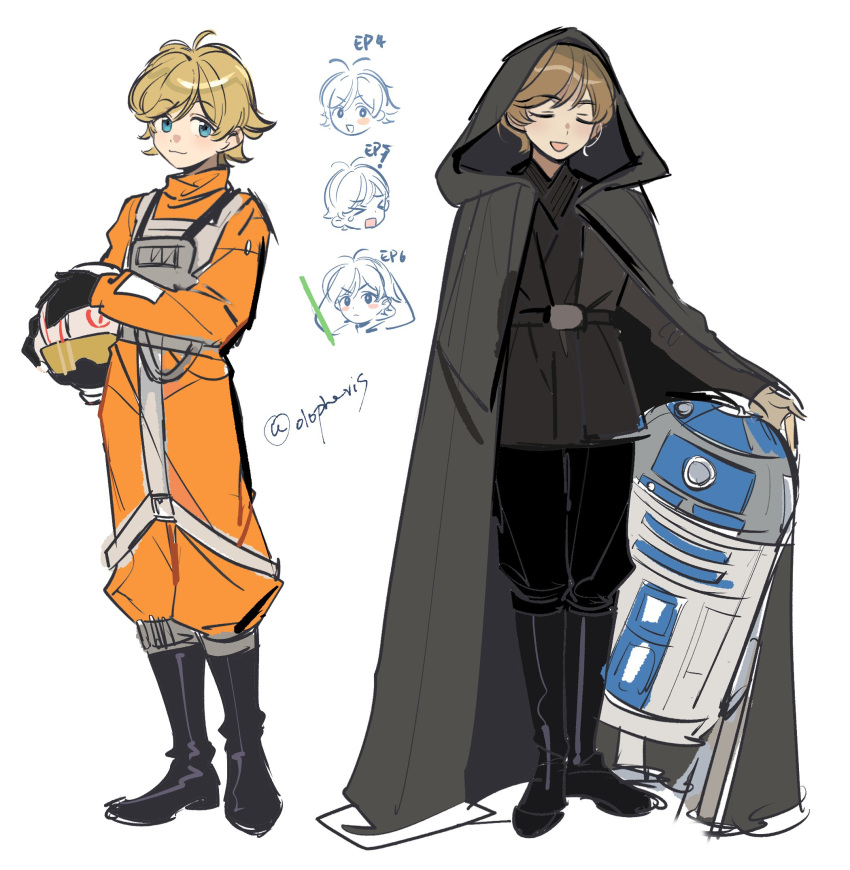 black_footwear, black_gloves, blonde_hair, blue_eyes, boots, closed_eyes, energy_sword, gloves, highres, lightsaber, luke_skywalker, olopheris, open_mouth, r2-d2, simple_background, standing, star_wars, star_wars:_a_new_hope, star_wars:_return_of_the_jedi, star_wars:_the_empire_strikes_back, sword, weapon, white_background