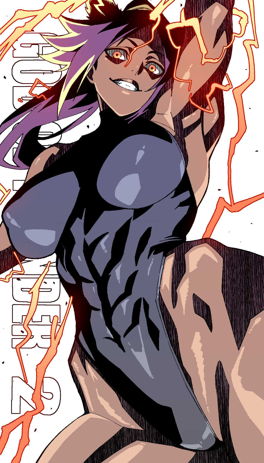 1girl, abs, armpits, bare_shoulders, bleach, breasts, grin, highres