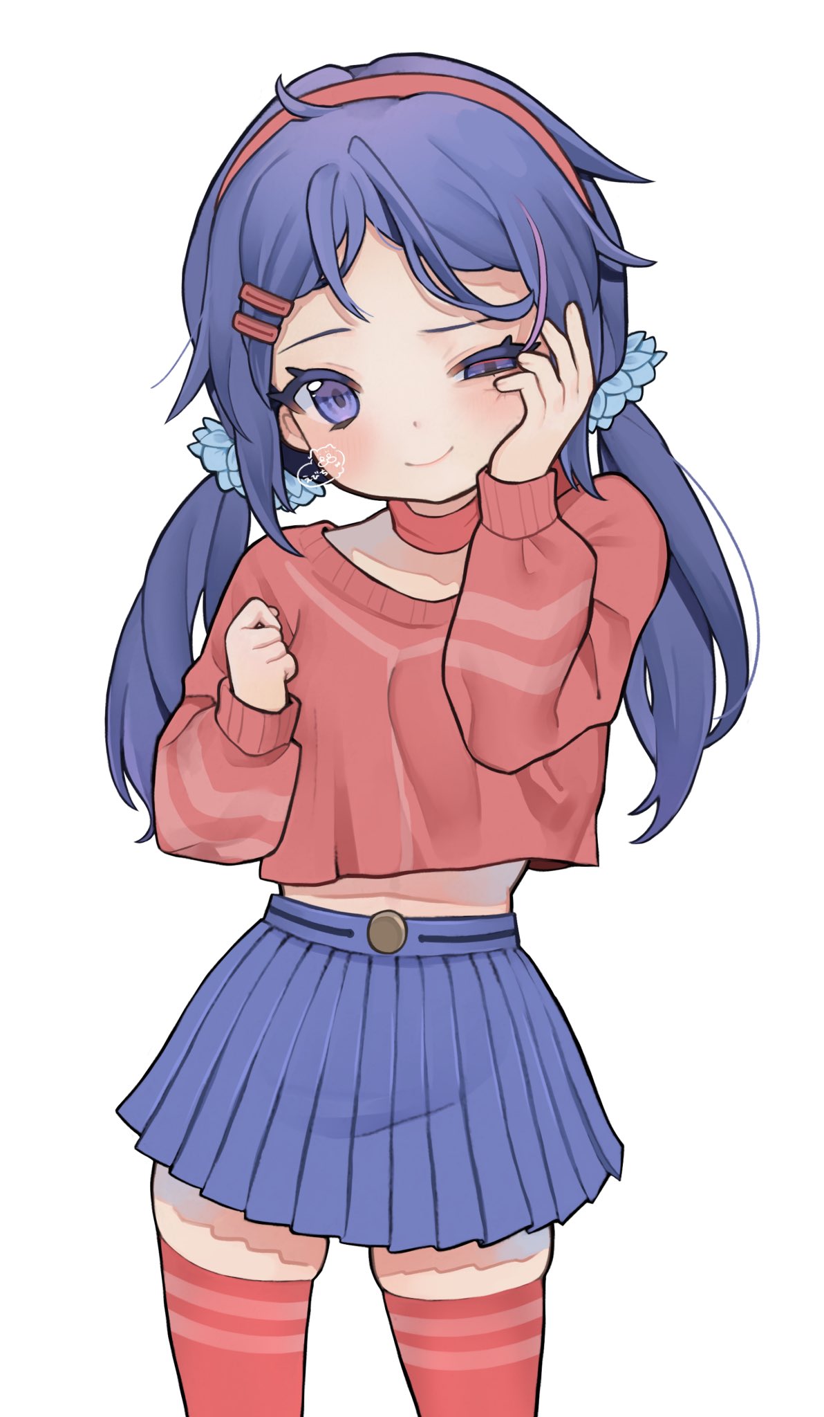 1girl, artist_logo, blush, choker, closed_mouth, commentary, cowboy_shot, ebichi_(mon600n)