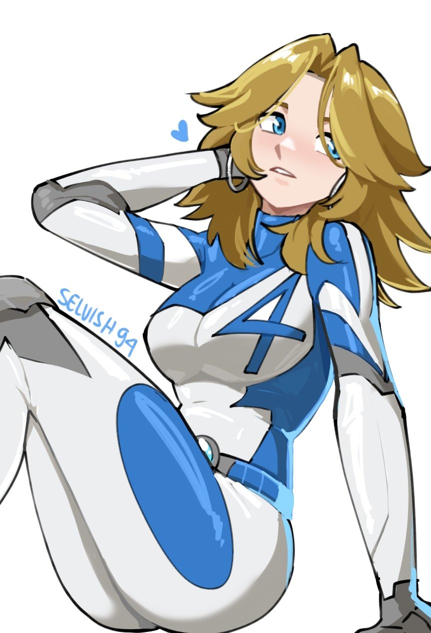 1girl, animification, blonde_hair, blue_eyes, bodysuit, breasts, fantastic_four, highres, large_breasts, long_hair, looking_at_viewer, marvel, marvel_rivals, selvish94, short_hair, smile, solo, sue_storm, superhero_costume, white_background