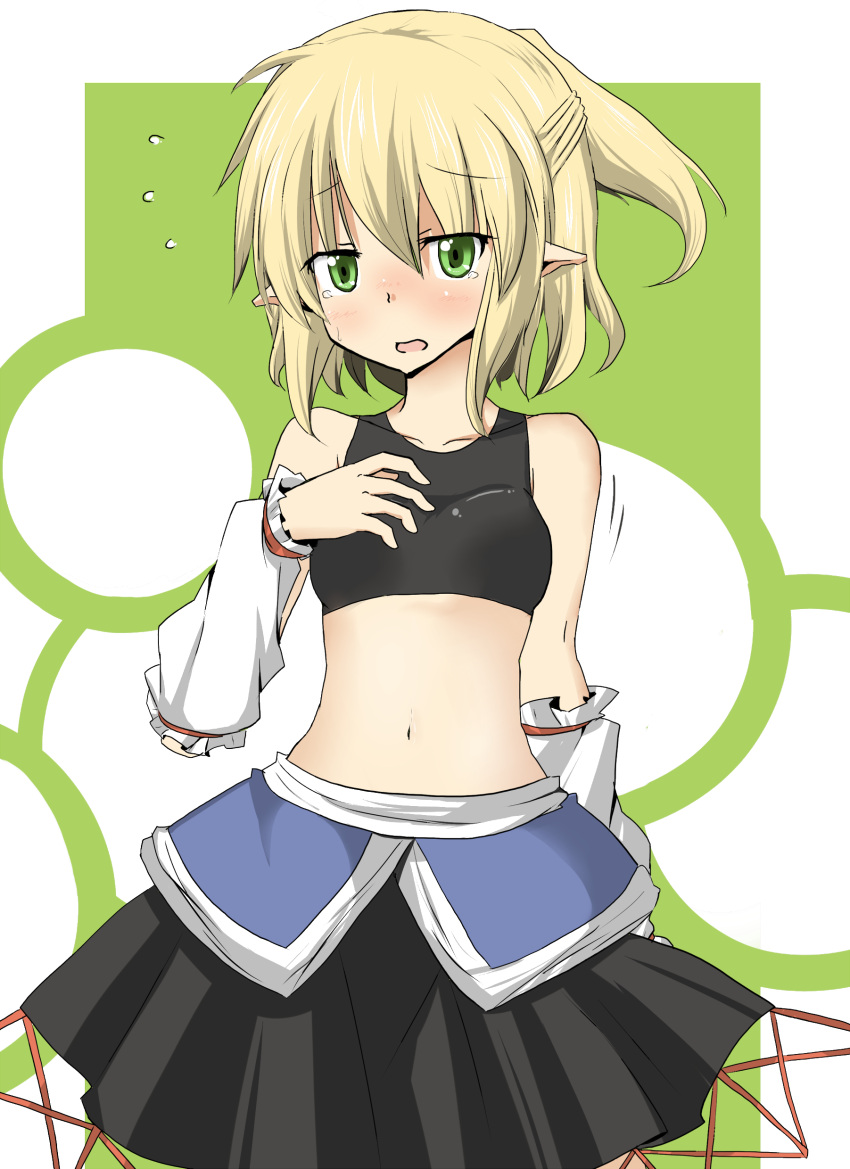 absurdres, arm_warmers, bare_shoulders, blonde_hair, blush, collarbone, green_eyes, highres