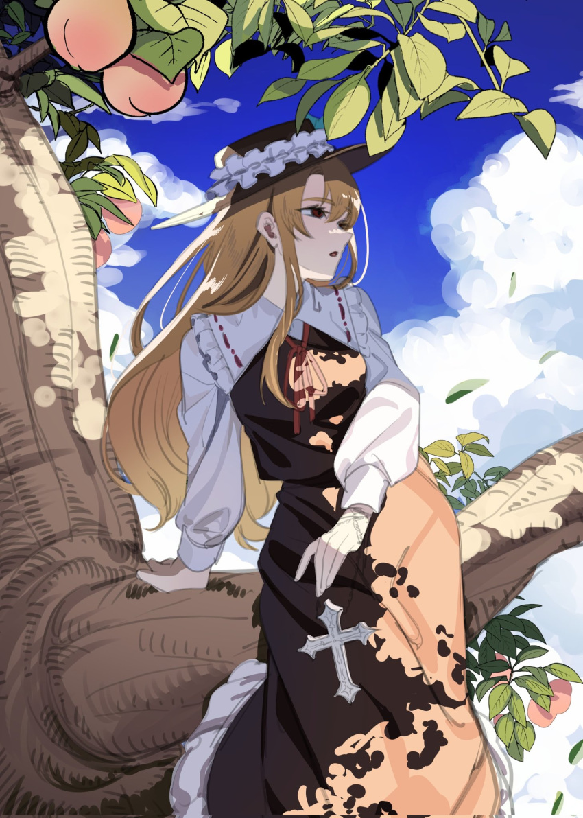 1girl, blonde_hair, breasts, brown_hat, brown_skirt, brown_vest, clouds, cloudy_sky, commentary_request, cross, day, dolls_in_pseudo_paradise, fedora, food, frilled_hat, frilled_shirt_collar, frilled_skirt, frills, fruit, guumin, hat, highres, in_tree, jacket_girl_(dipp), long_hair, long_sleeves, neck_ribbon, outdoors, parted_lips, peach, peach_tree, red_eyes, red_ribbon, ribbon, shirt, sitting, sitting_in_tree, sitting_on_branch, skirt, sky, small_breasts, solo, touhou, tree, very_long_hair, vest, white_shirt